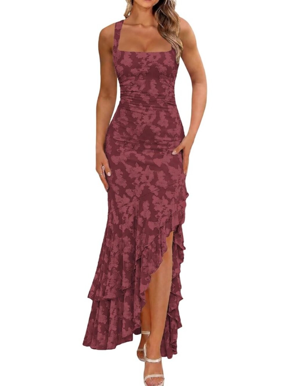 Women's Wine Red Elegant Ruched Floral Maxi Wedding Guest Cocktail Formal Dress